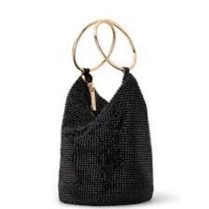 Olga Berg Black Beaded Ellie Crystal Mesh Ring Handle Bag Clutch with Gold Rings